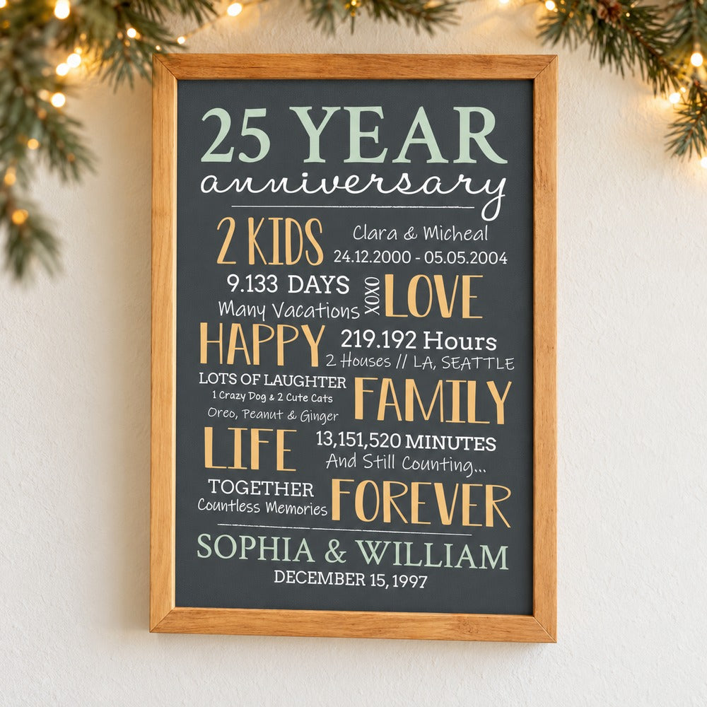 25 year anniversary personalized framed canvas print hanging on wall with holiday pine garland