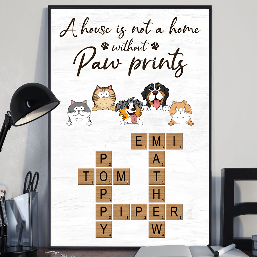 Home With Paw Prints Peeking Dog Cat Crossword Puzzle Art - Personalized Canvas Print
