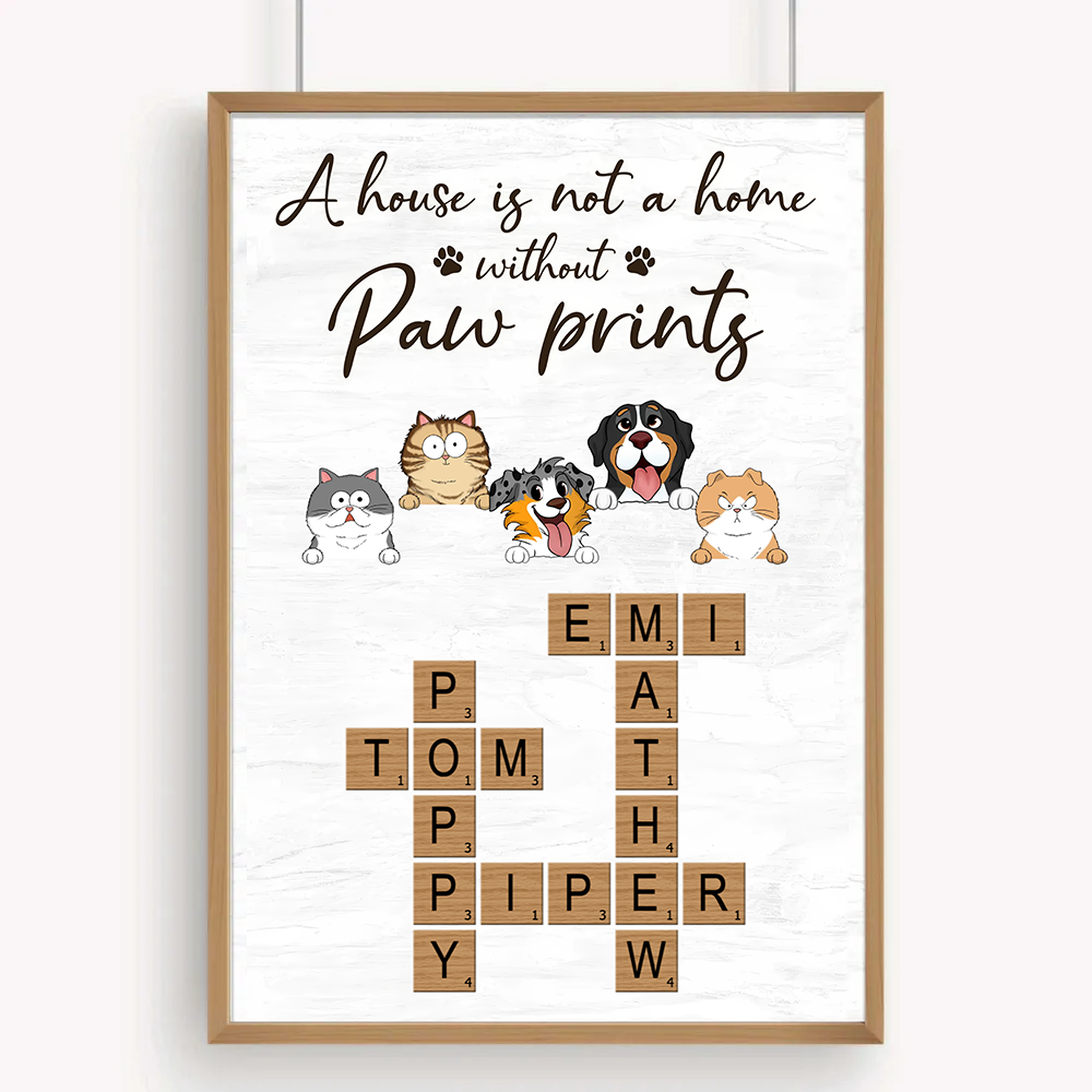 Home With Paw Prints Peeking Dog Cat Crossword Puzzle Art - Personalized Canvas Print