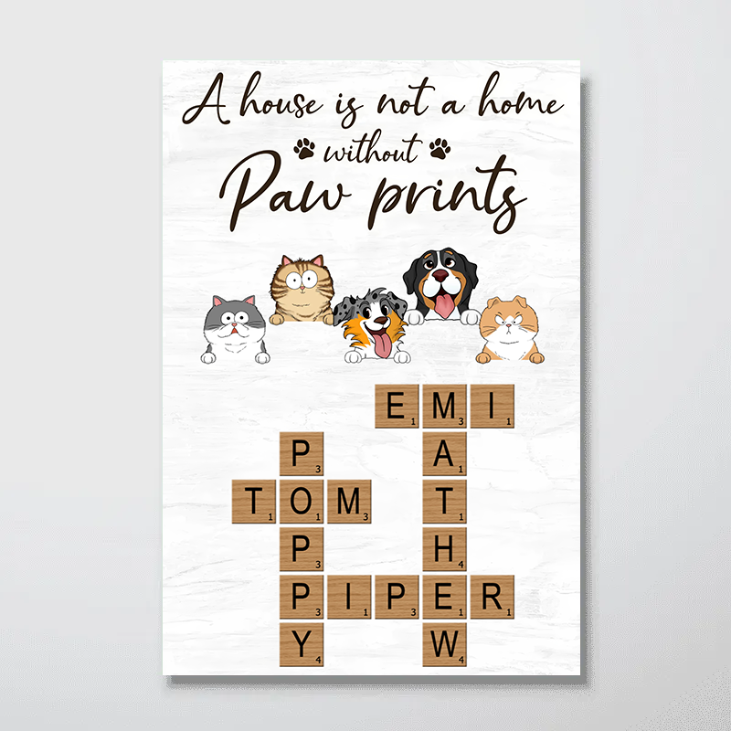 Home With Paw Prints Peeking Dog Cat Crossword Puzzle Art - Personalized Canvas Print