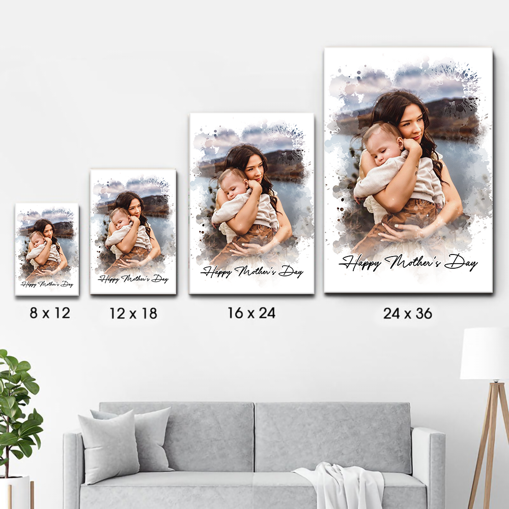 Custom Photo Watercolor Mom Portrait - Personalized Canvas Prints - Gift For Mom, Mother's Day