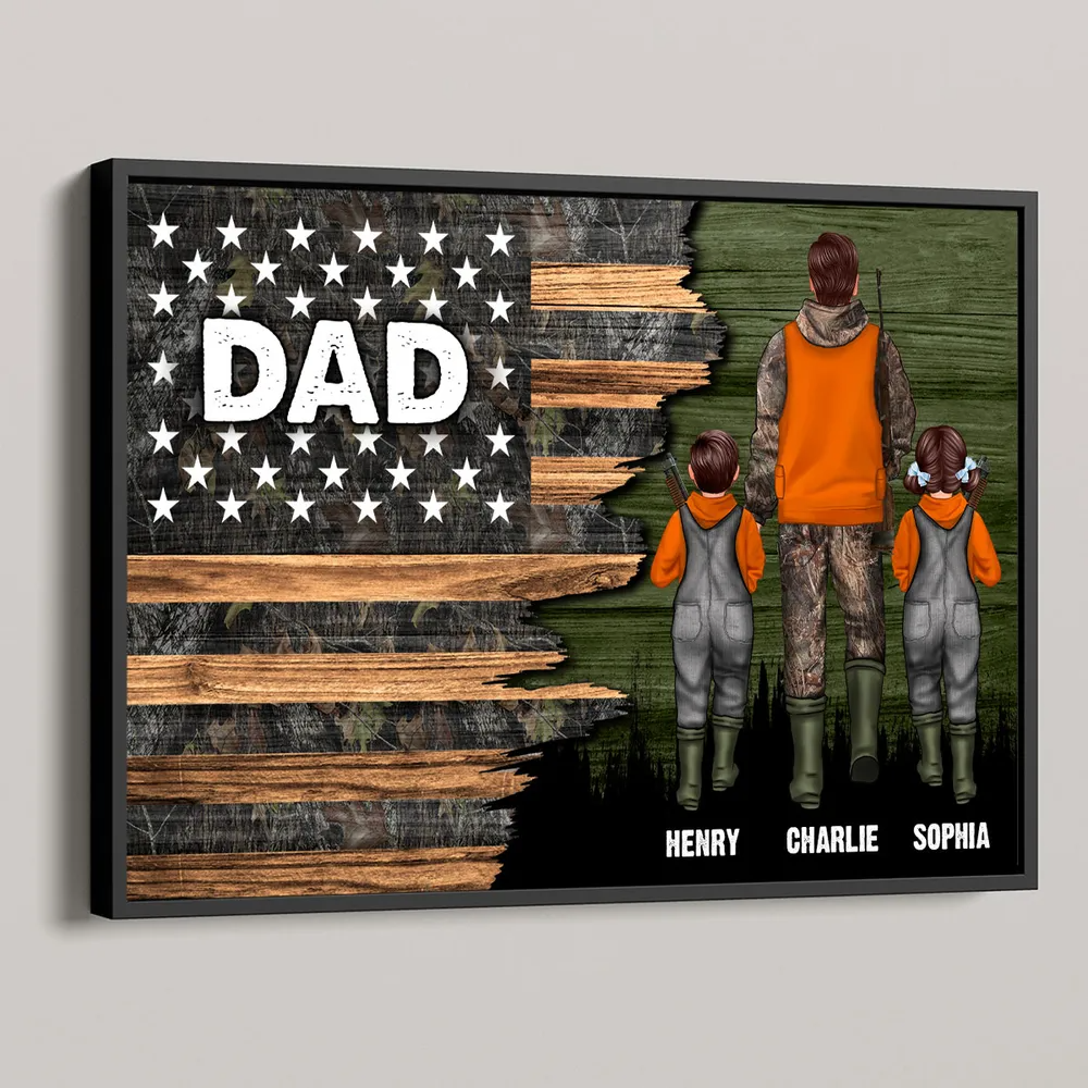 Hunting Dad Grandpa With Kids Half Nation Flag - Personalized Canvas - Gift For Hunter, Hunting Season, Gift for Dad, Papa, Grandpa, Daddy, Dada