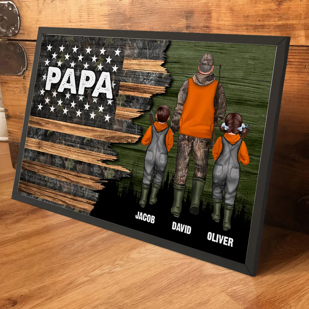 Hunting Dad Grandpa With Kids Half Nation Flag - Personalized Canvas - Gift For Hunter, Hunting Season, Gift for Dad, Papa, Grandpa, Daddy, Dada