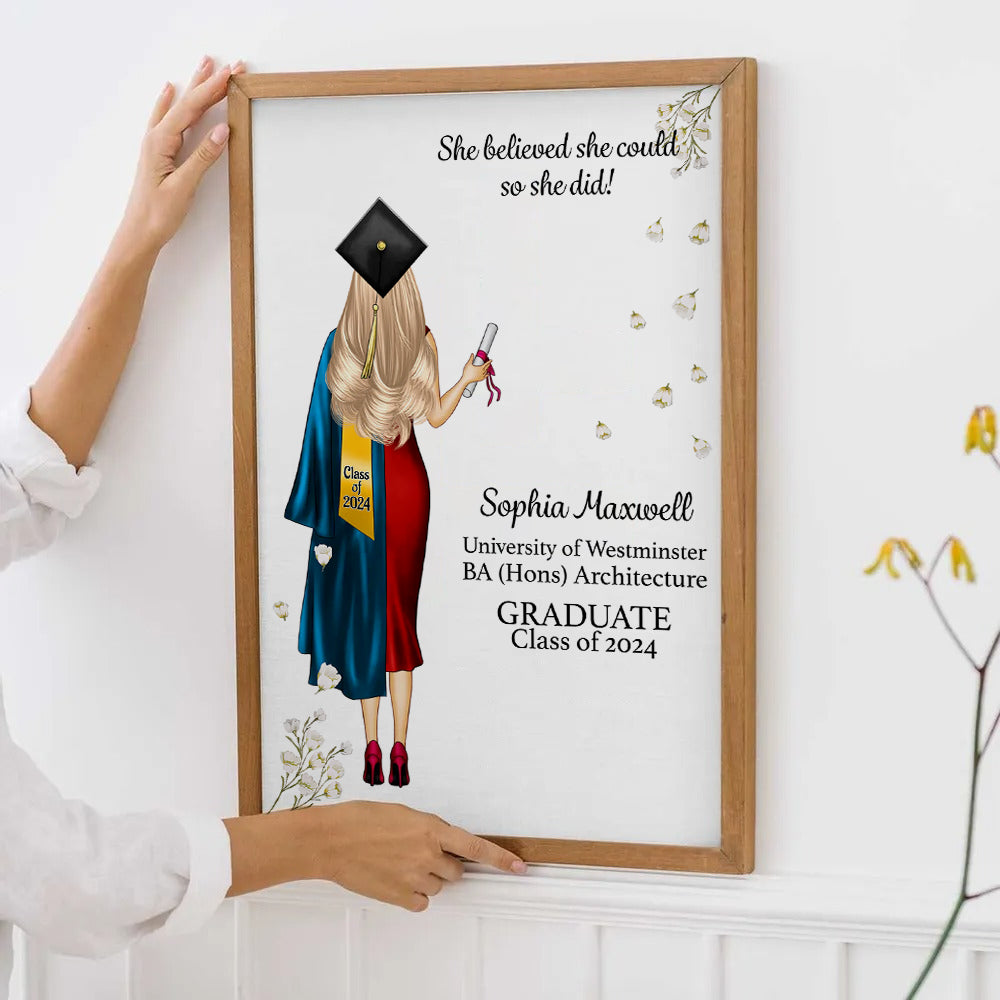 She Believed She Could So She Did - Personalized Canvas Print - Graduation Gifts, Presents & Ideas For Her/Him, Grad Ceremony, Commencement, Convocation, College & University