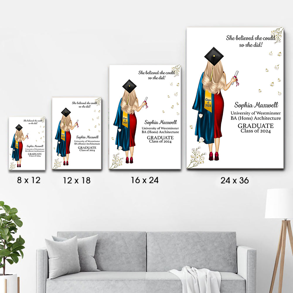 She Believed She Could So She Did - Personalized Canvas Print - Graduation Gifts, Presents & Ideas For Her/Him, Grad Ceremony, Commencement, Convocation, College & University