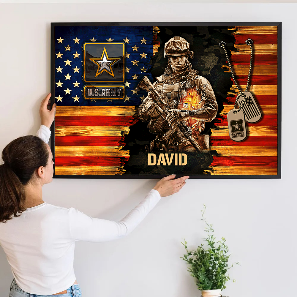 Soldier American Rustic Flag - Personalized Canvas - Gift For Military Veteran Dad Grandpa Veteran