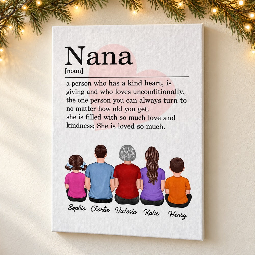 Personalized Nana definition vertical canvas on wall with Christmas garland