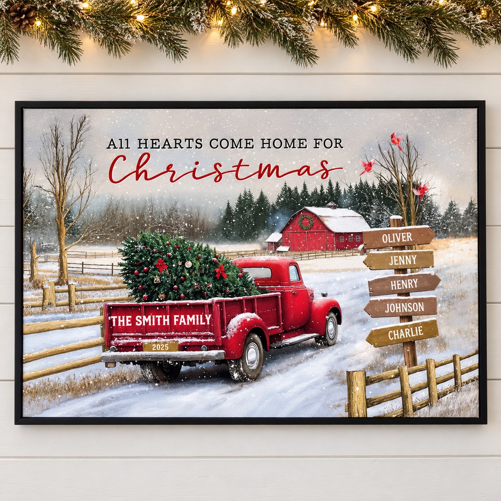 All Hearts Come Home For Christmas personalized framed canvas on wall with pine garland