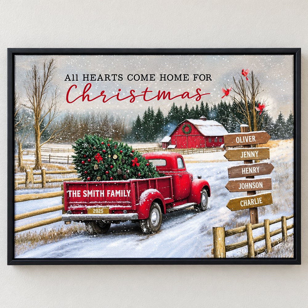 Close-up of canvas texture and personalized family signpost on Christmas wall art