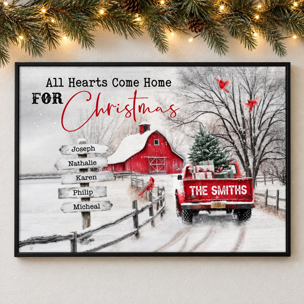 Personalized Christmas red barn and truck family signpost canvas hanging on wall with pine garland