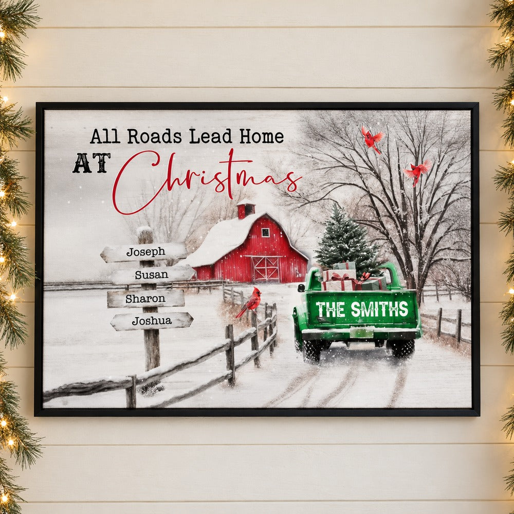 Personalized All Roads Lead Home At Christmas canvas print on a wall with holiday pine garland