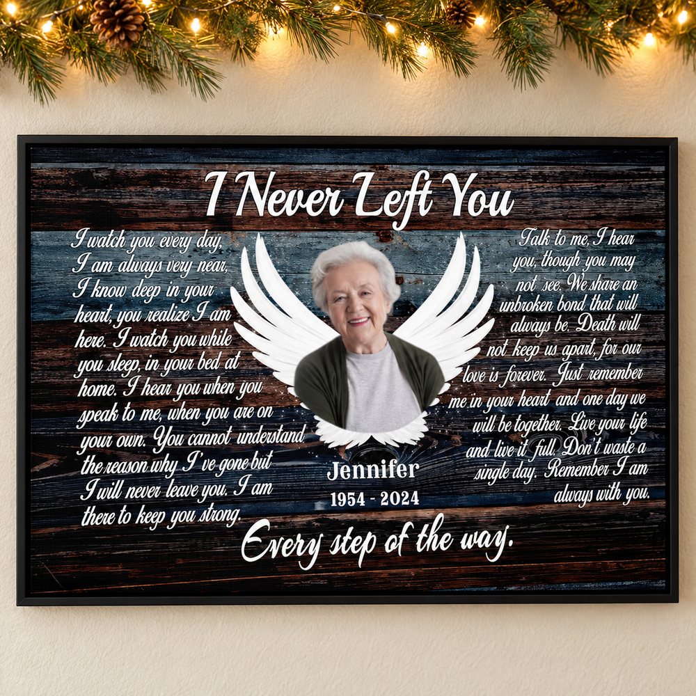 Custom Photo Angel Wings I Never Left You memorial canvas on wall with holiday garland