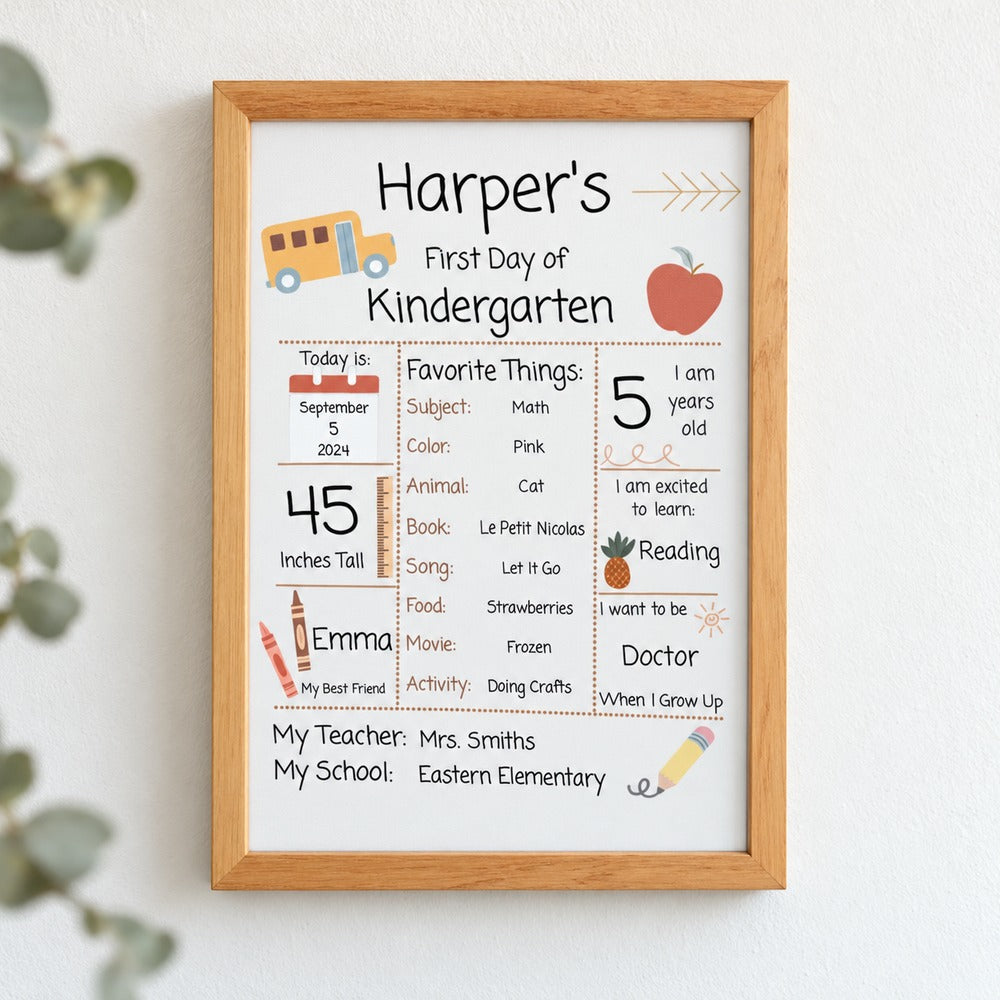 Personalized Back to School framed vertical canvas sign hanging on playroom wall
