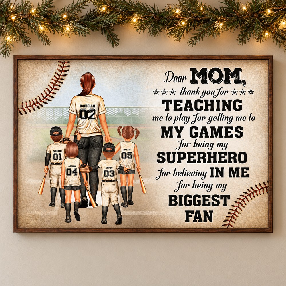 Personalized baseball mom canvas print on wall with holiday garland and fairy lights