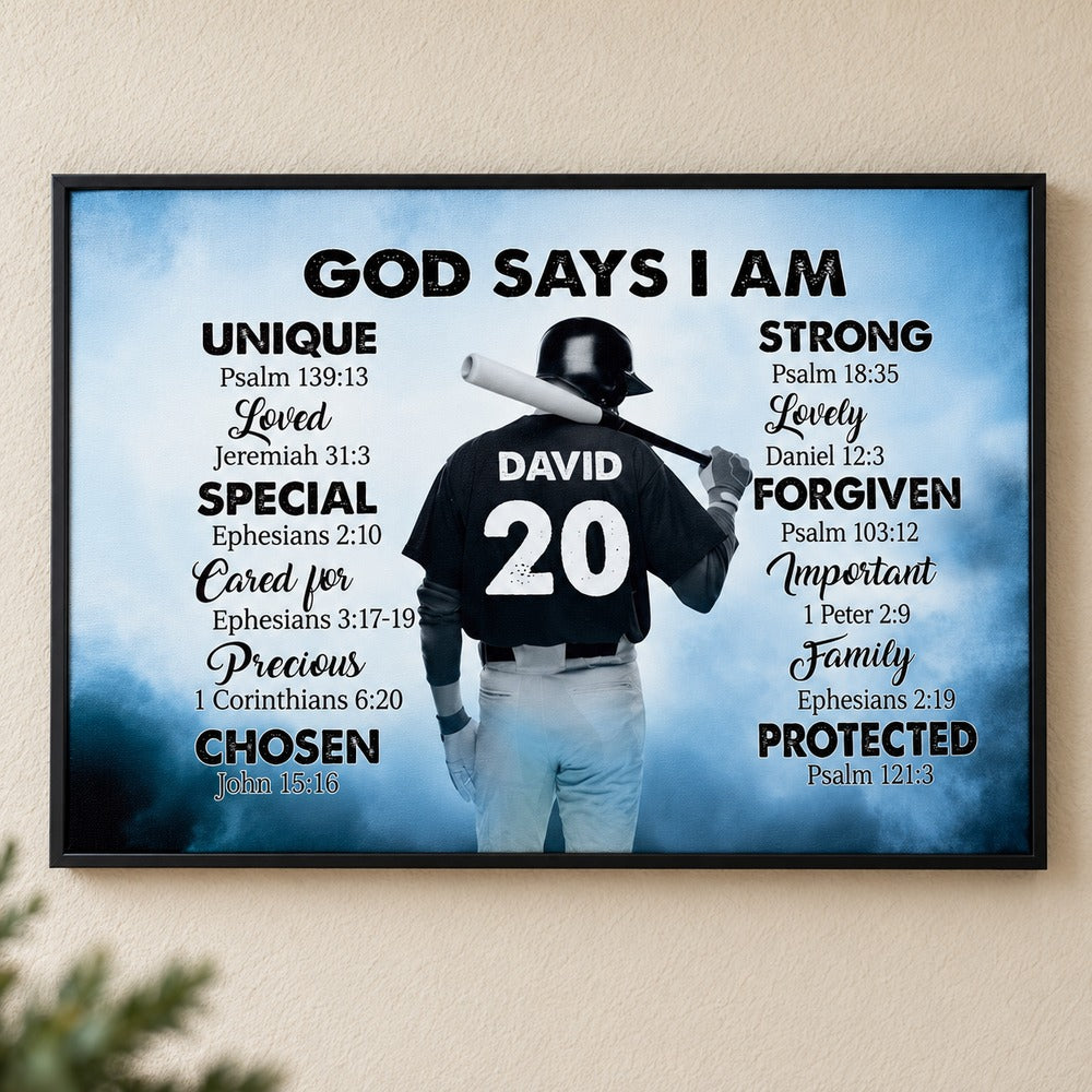Baseball God Says I Am personalized canvas print displayed on a textured bedroom wall