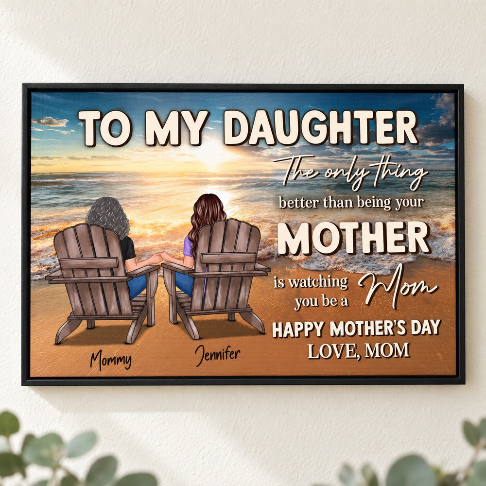 Beach Landscape To My Daughter From Mom personalized canvas print hanging on a bright cream wall