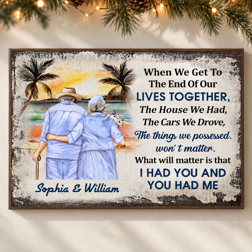 Personalized beach old couple canvas wall print hanging on wall with holiday garland