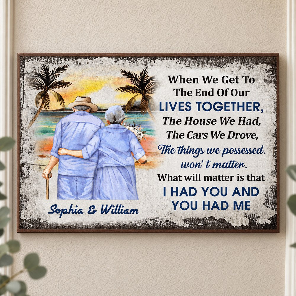 Beach old couple personalized canvas print displayed on a textured neutral wall