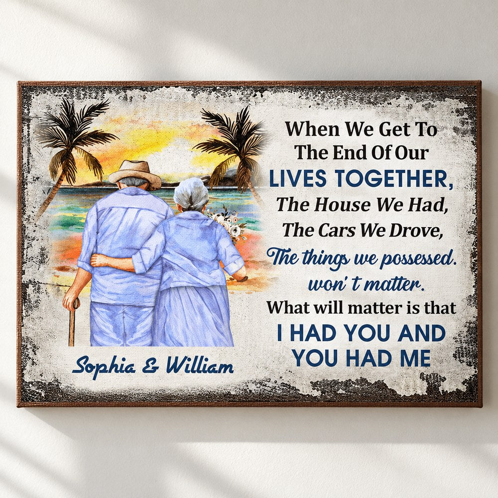 Close up detail of personalized couple beach canvas texture and printed typography