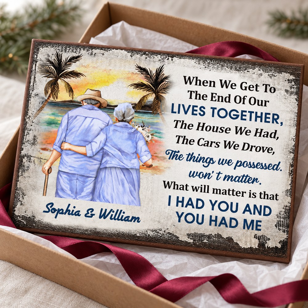 Personalized old couple beach canvas print presented with gift box and satin ribbon