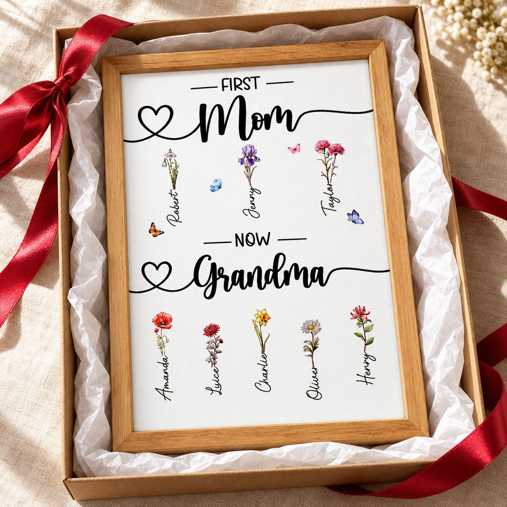 First Mom Now Grandma personalized birth flower canvas in a holiday gift box with ribbon