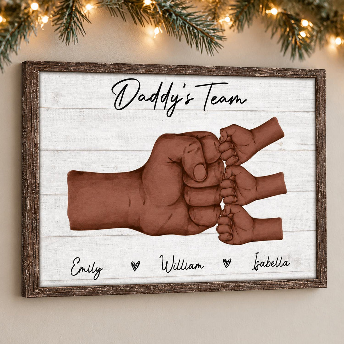 Personalized Daddy's Team framed canvas for Black dad hanging on wall with holiday garland