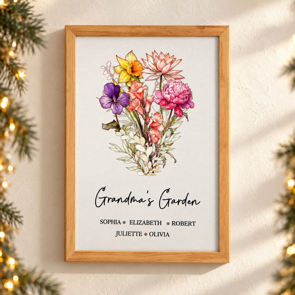 Personalized Grandma's Garden vertical canvas hanging on wall with holiday garland