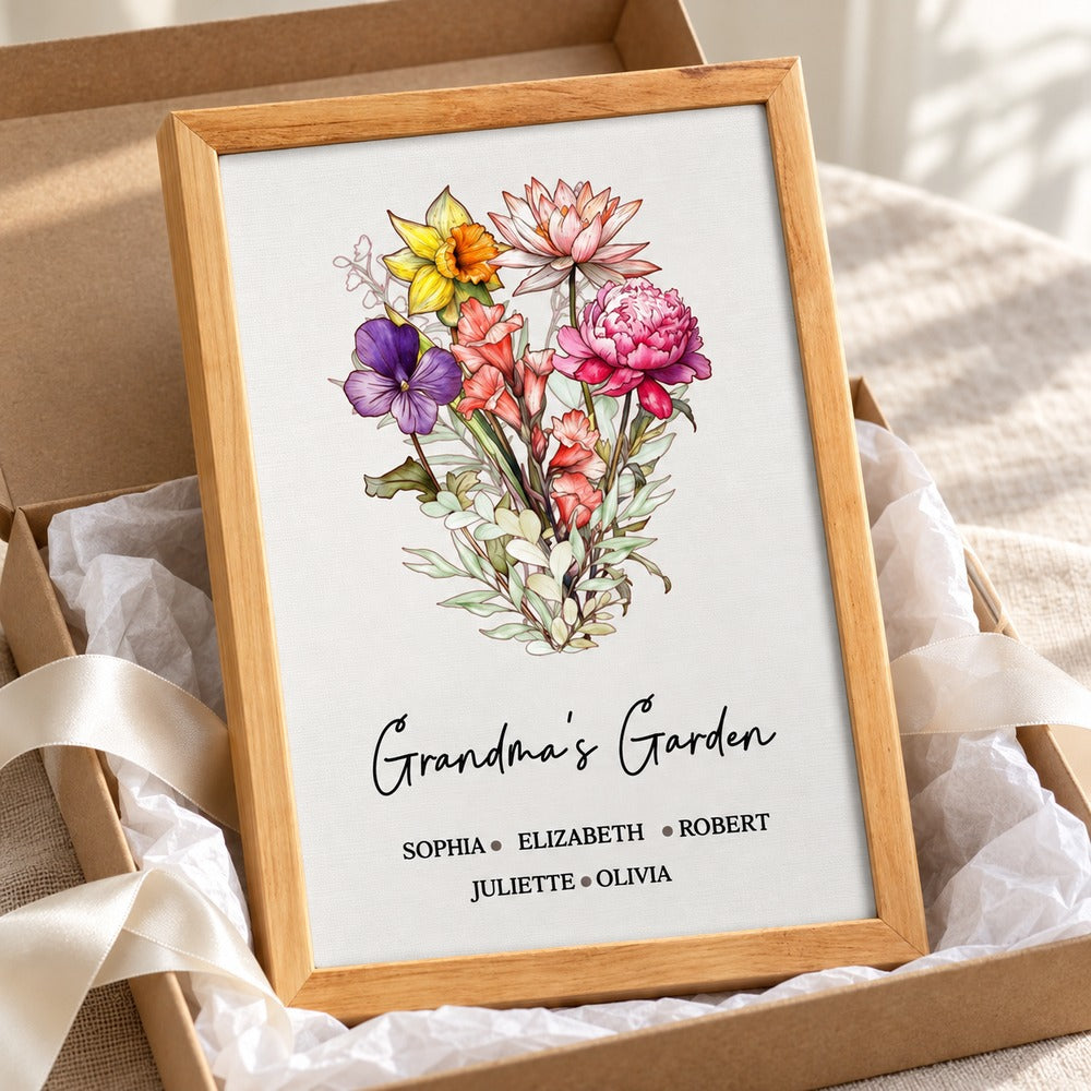 Grandma's Garden personalized family canvas displayed with holiday gift box and ribbon