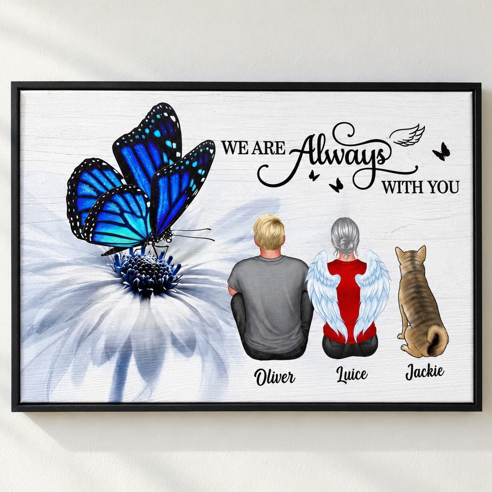 Close-up detail of personalized butterfly memorial canvas print texture and frame