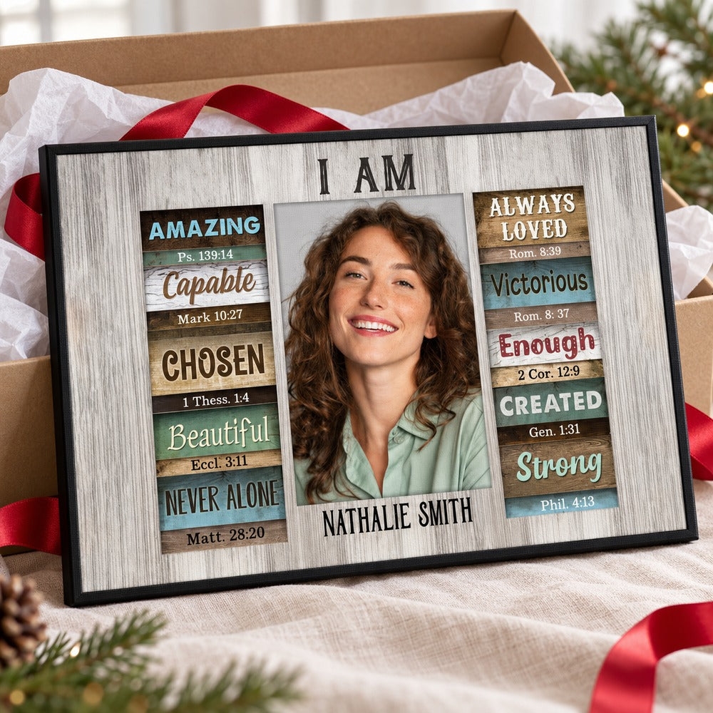 Personalized Bible verse photo canvas in a holiday gift box with red ribbon