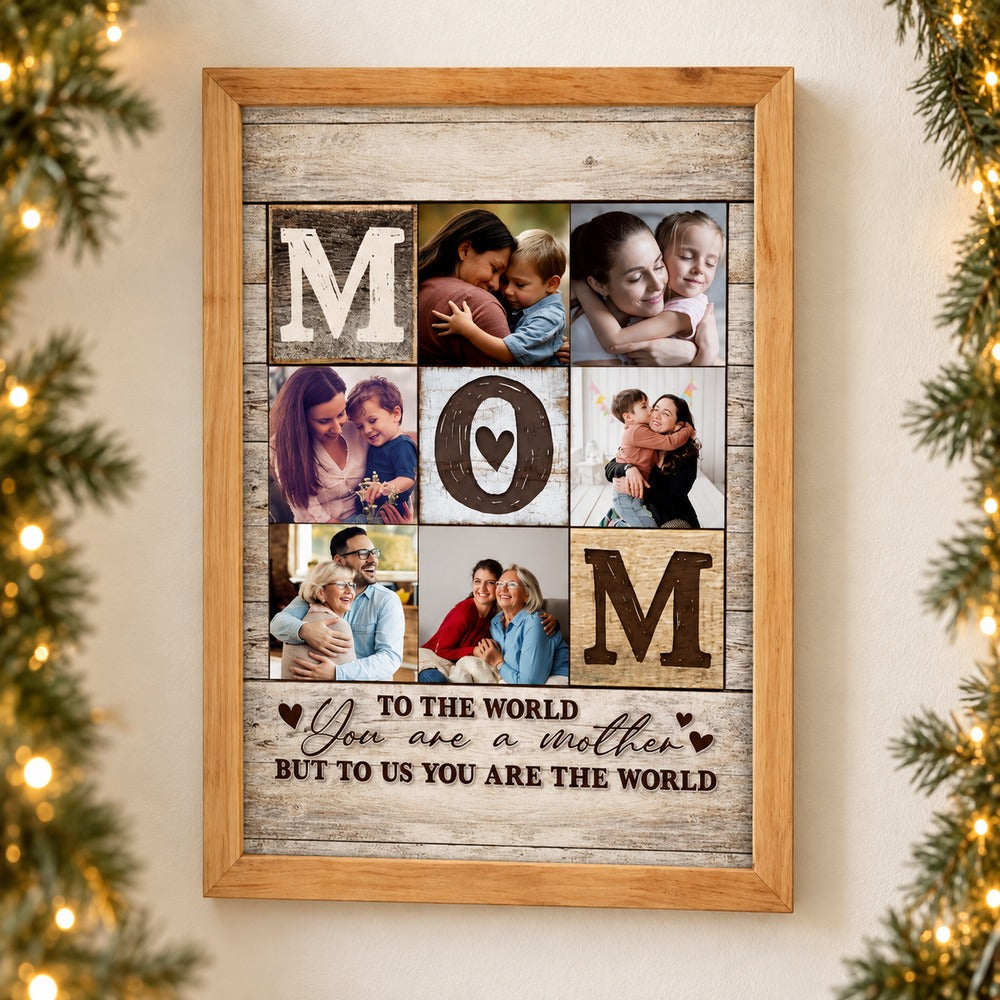 Custom Mom photo collage framed canvas hanging on a wall with soft holiday greenery and fairy lights
