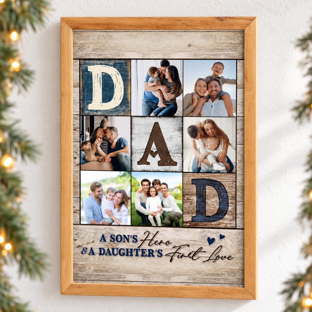 Personalized Dad photo collage framed canvas hanging on a wall with soft holiday greenery