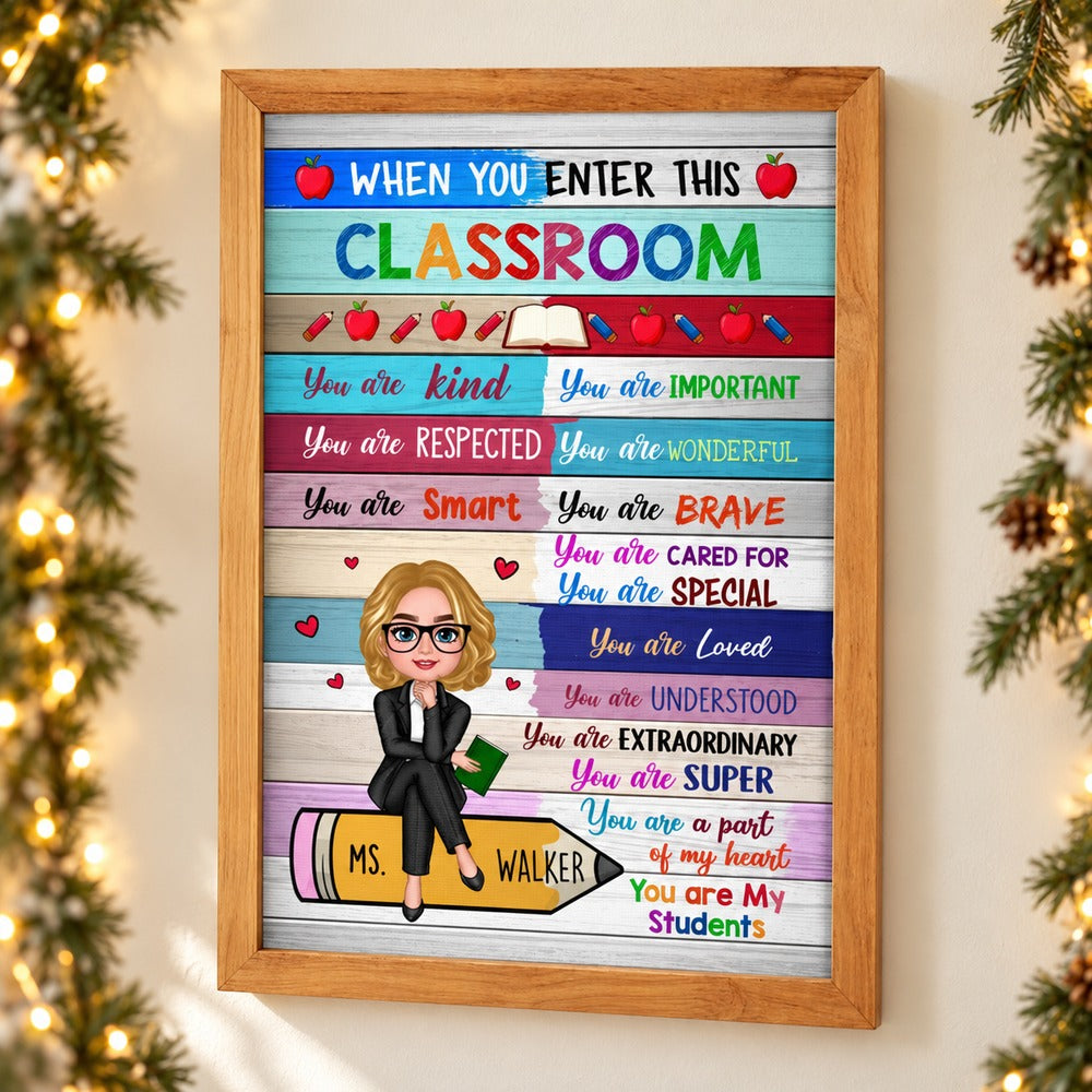 Custom teacher classroom framed canvas wall art surrounded by festive holiday greenery and lights