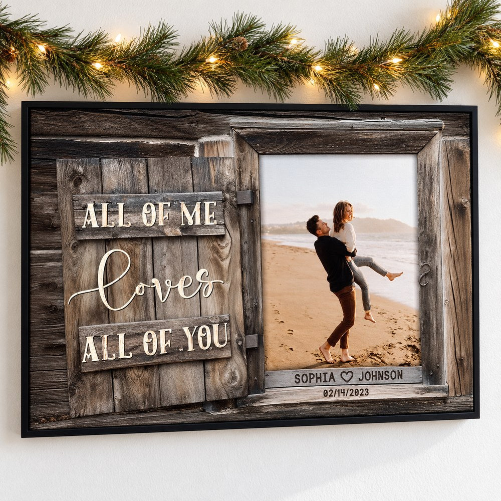 Custom couple photo canvas print on wall with holiday garland and fairy lights