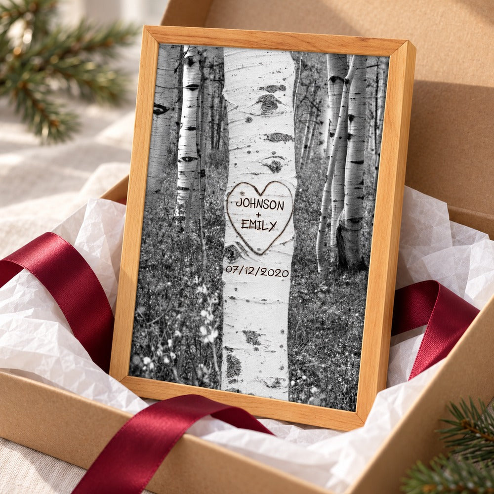 Couple tree carving personalized framed canvas print presented with a ribboned gift box and tissue paper