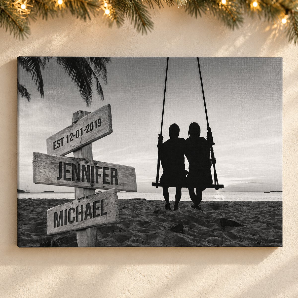 Couple Swing Names personalized canvas hanging on wall with holiday garland and lights