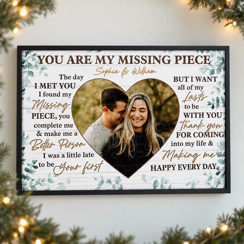 Custom couple missing piece framed canvas print on wall with holiday garland and fairy lights