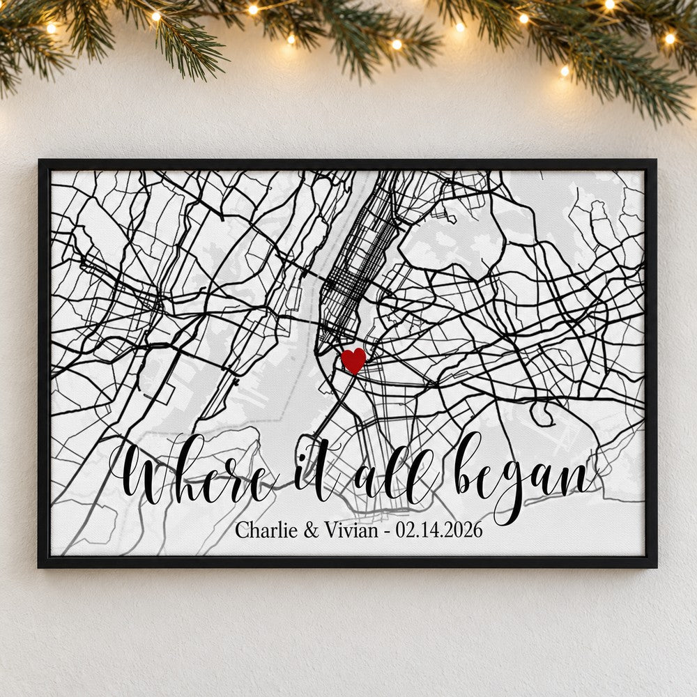 Custom Map Couple Where It All Began canvas print on wall with holiday garland