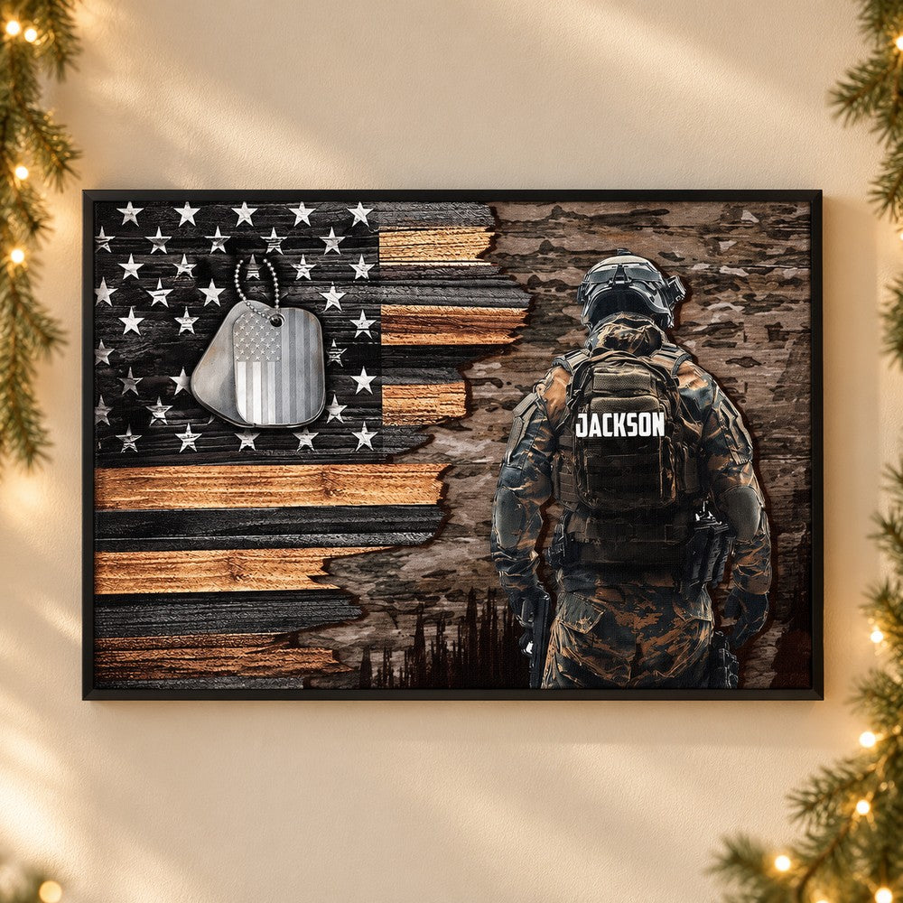 Custom Name Military American Flag canvas hanging on wall with holiday garland