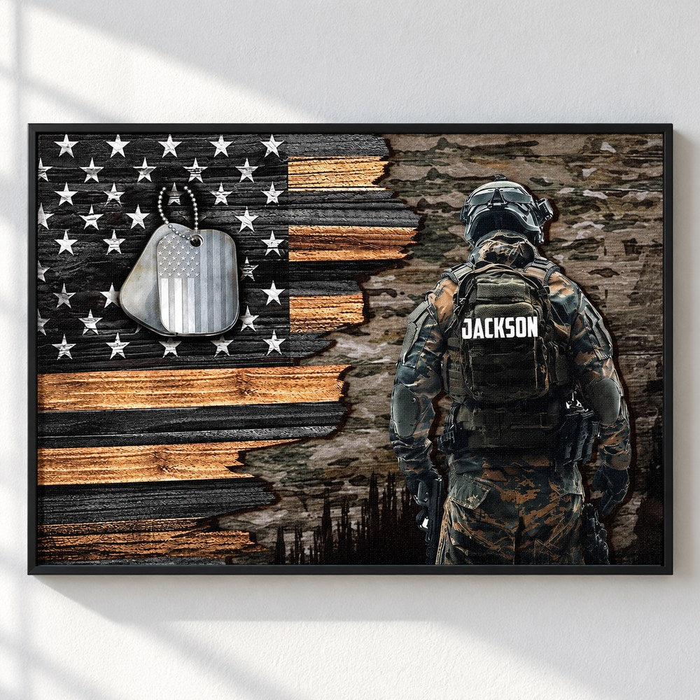 Close-up detail of custom name JACKSON military flag canvas print texture