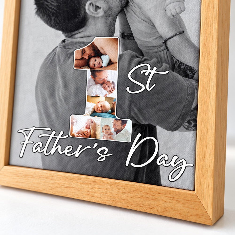 Close-up detail of canvas texture and wood frame on Custom 1st Father's Day photo print