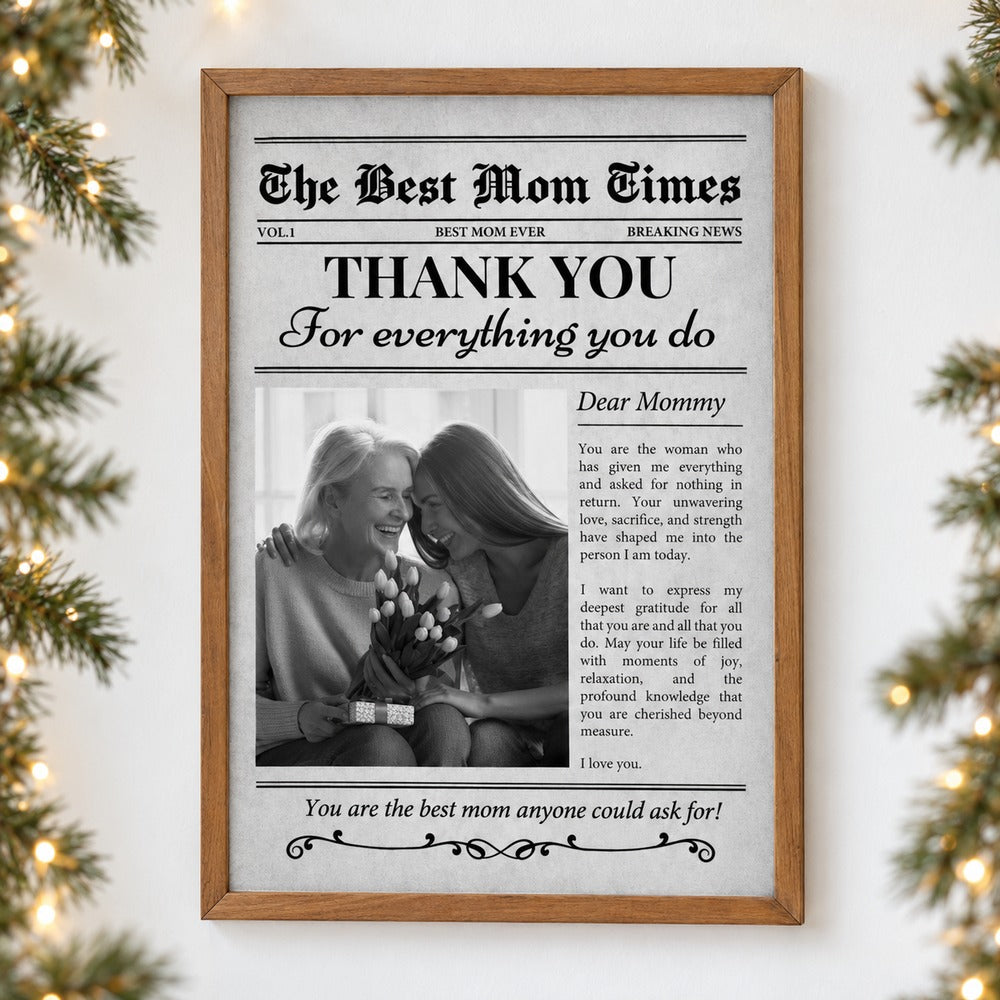 Custom photo The Best Mom Times framed canvas print on wall with holiday garland