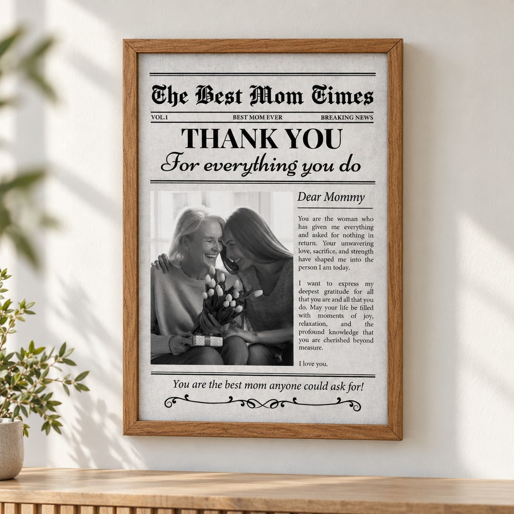 Close-up detail of wood frame and canvas texture on custom Mom newspaper print
