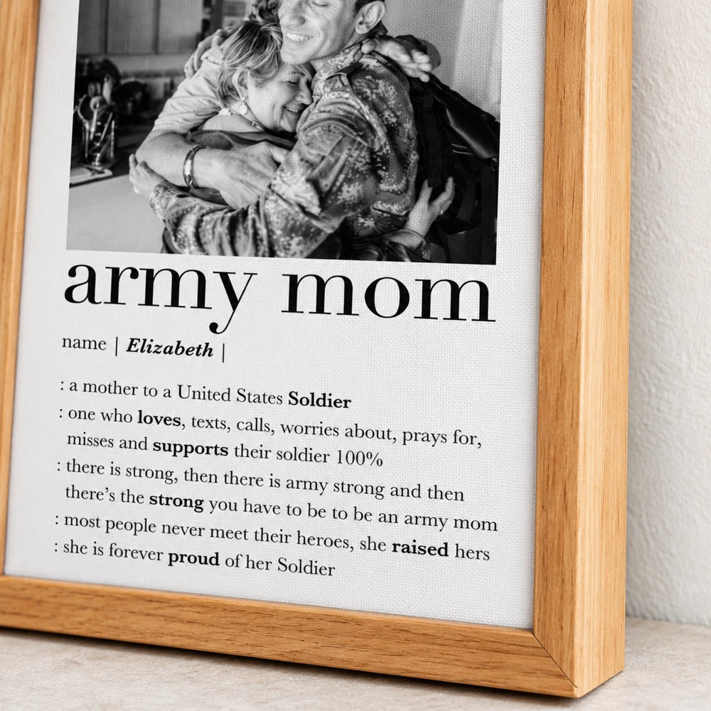 Close-up detail of personalized Army Mom canvas print texture, typography, and wood frame