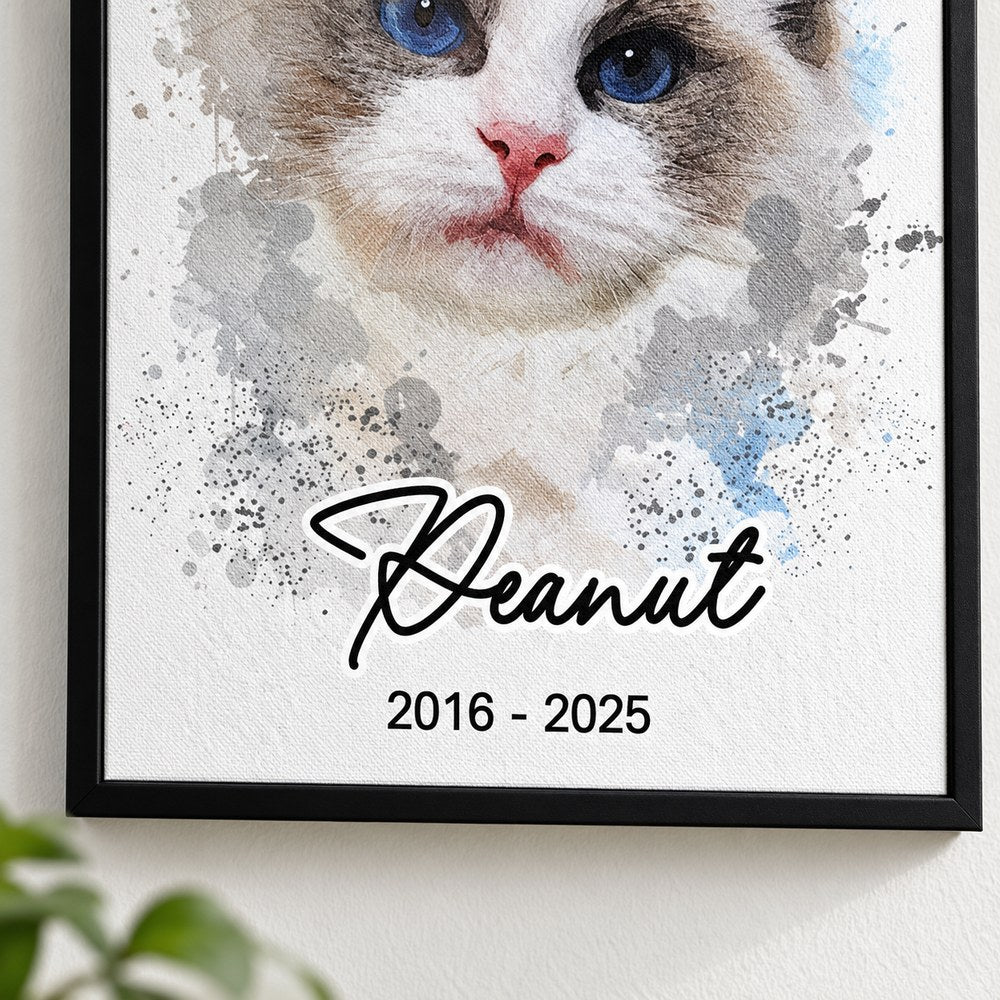 Close-up detail of watercolor cat portrait canvas texture and personalized name text