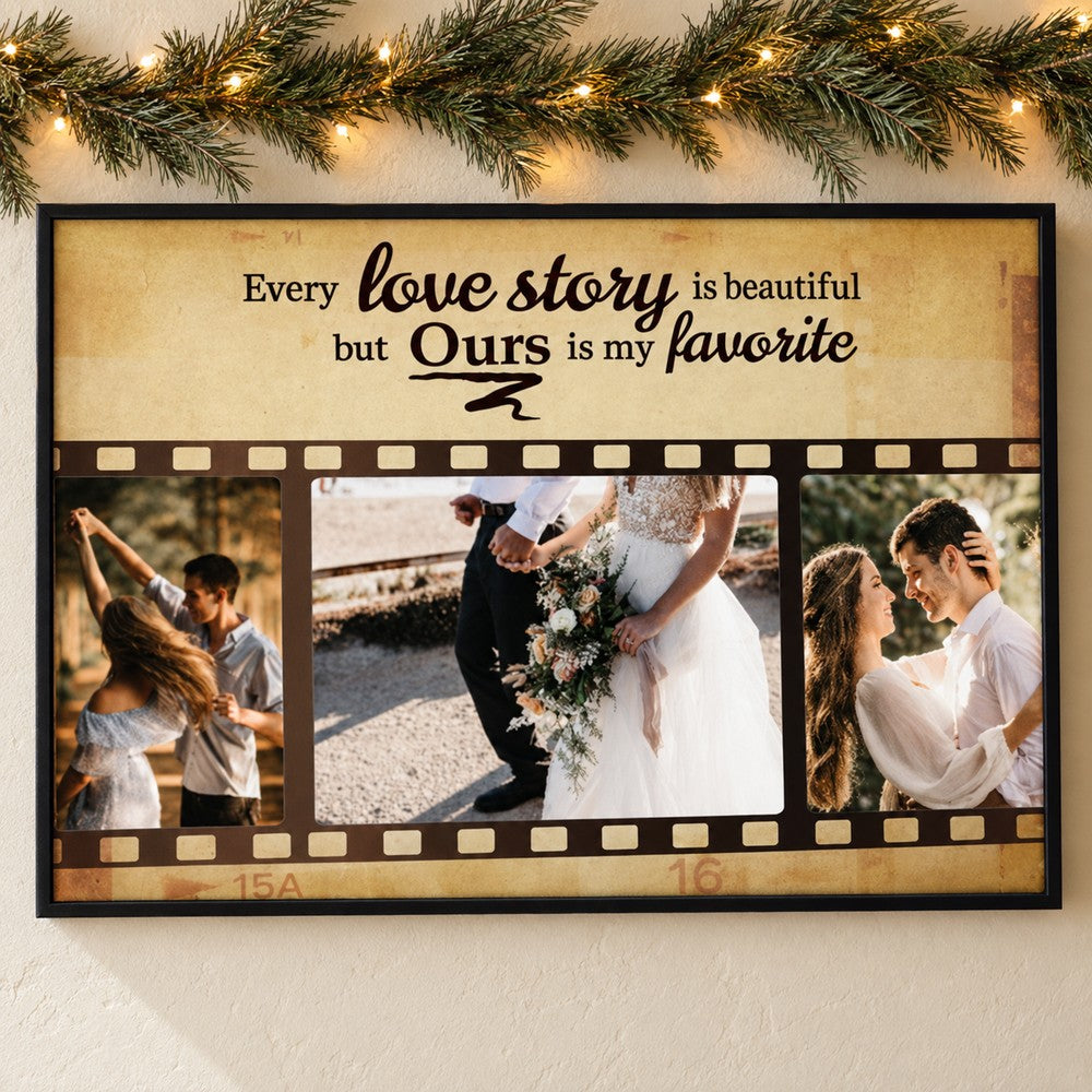 Custom couple film strip photo canvas print hanging on wall with holiday pine garland and fairy lights