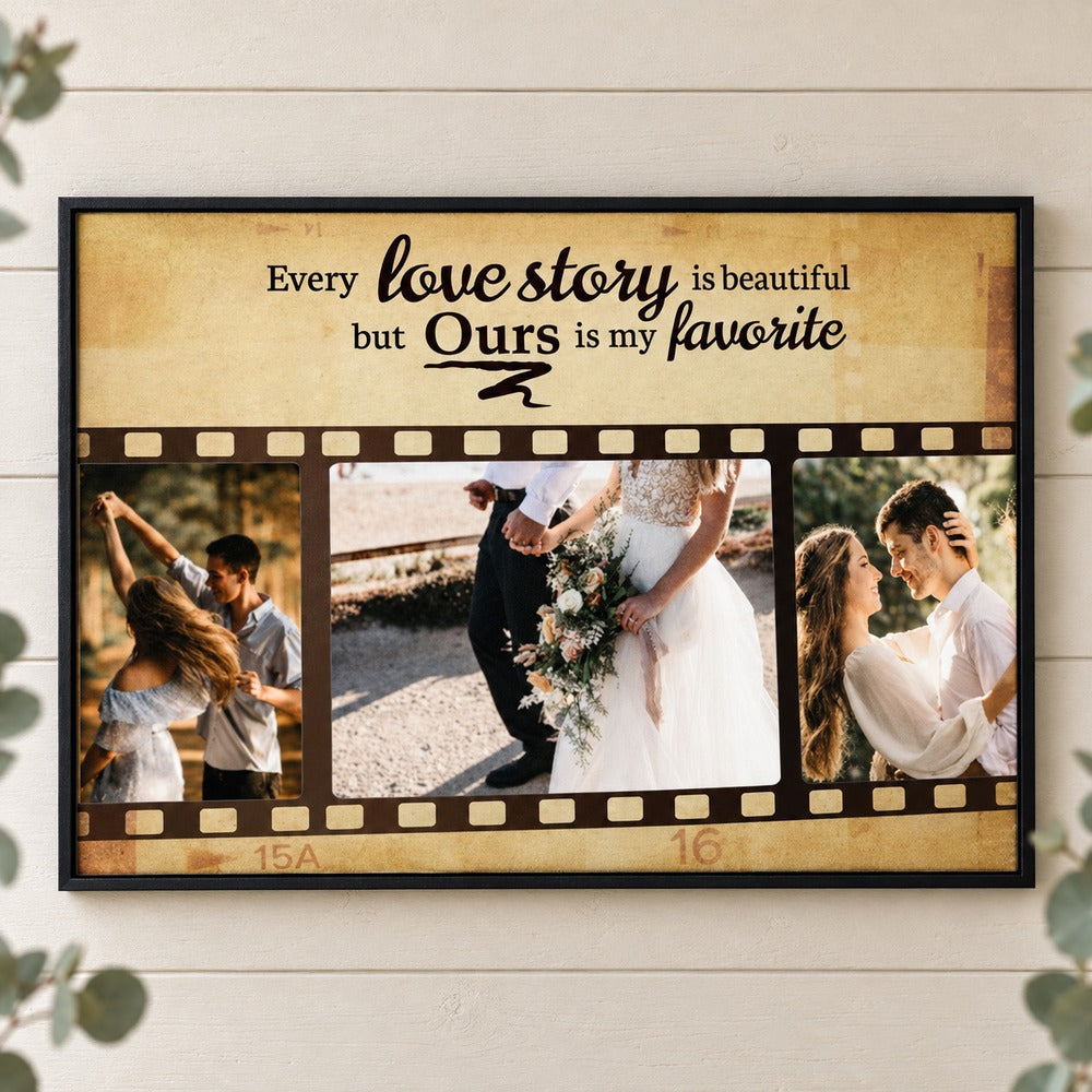 Personalized couple love story canvas wall art displayed on bright shiplap wall with soft greenery
