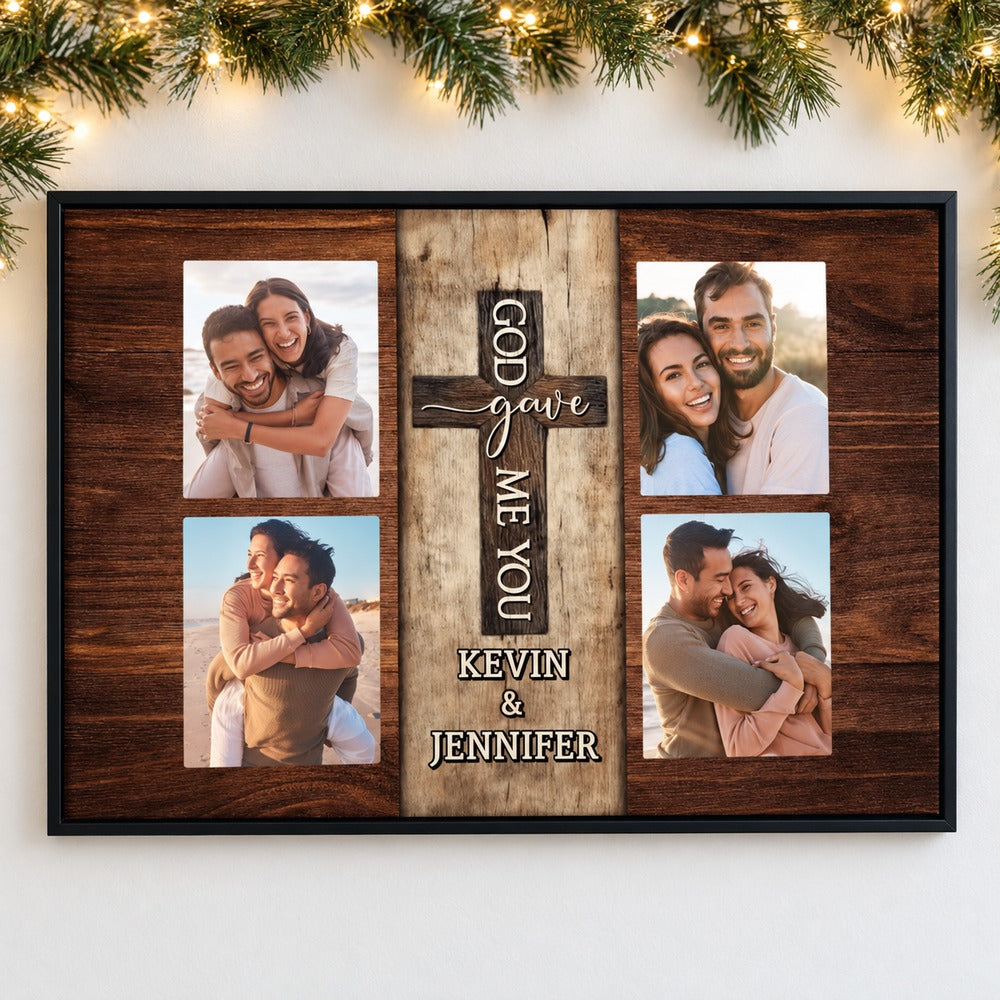 Custom photo couple God Gave Me You canvas print hanging on a wall with holiday garland