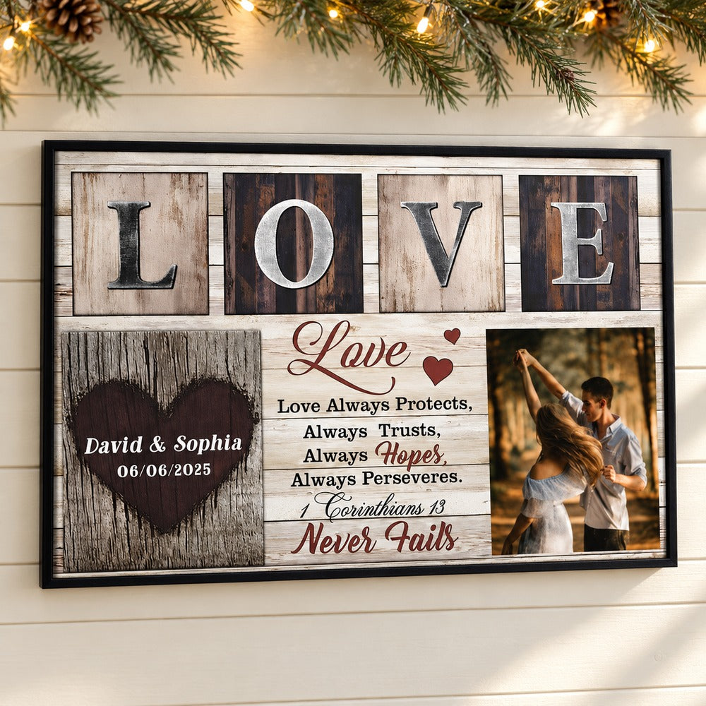 Custom photo couple Love Never Fails canvas print on wall with holiday garland