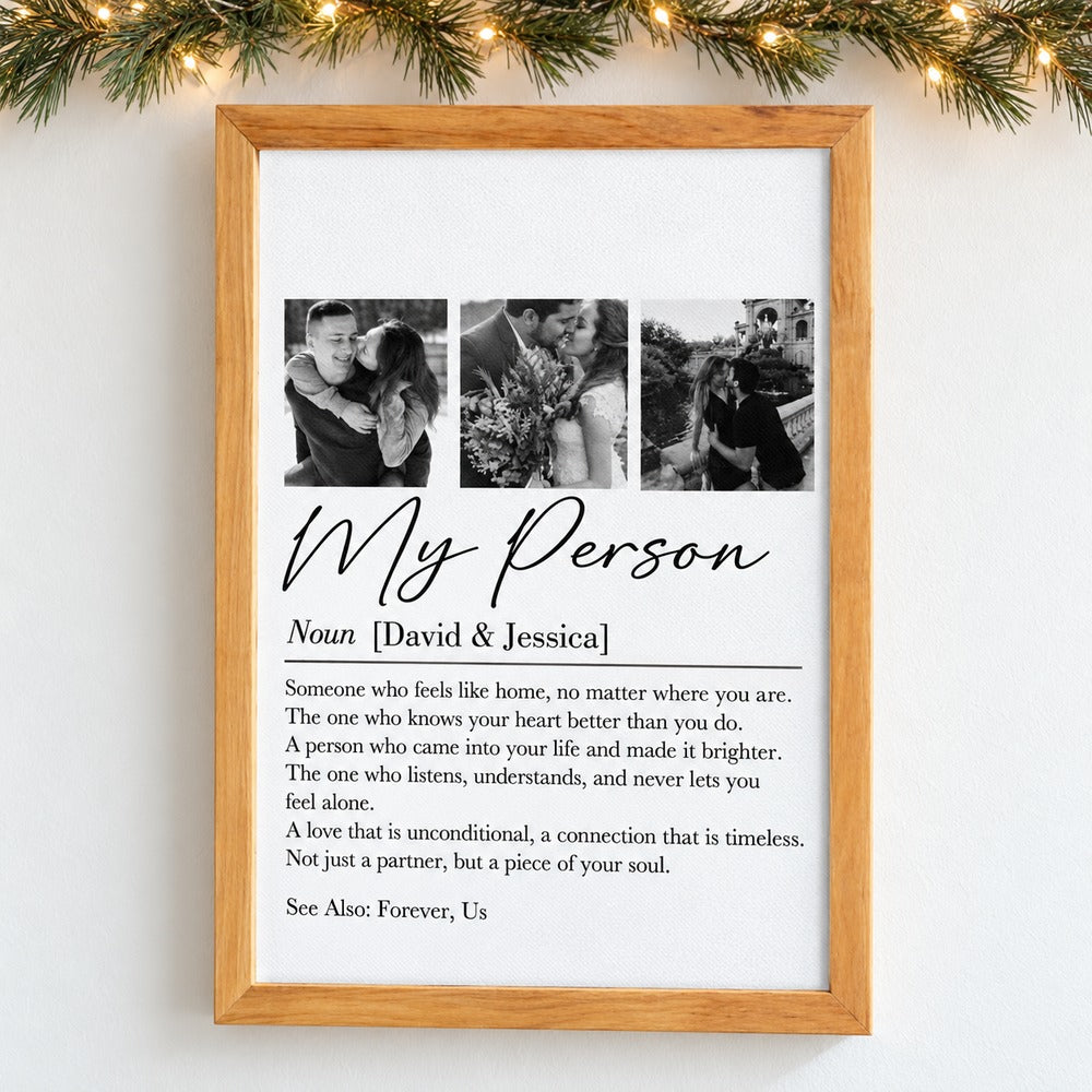 Custom My Person definition couple photo framed canvas hanging on wall with holiday garland